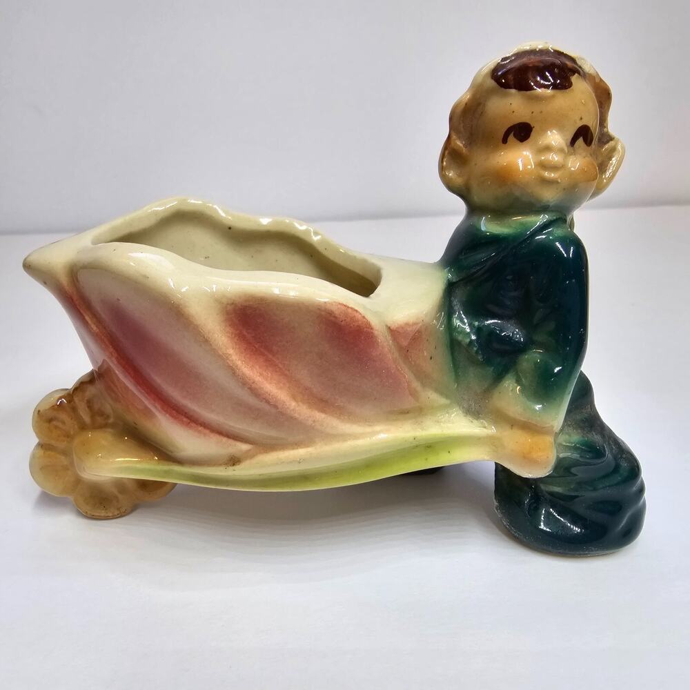 Shawnee Elf Pixie Planter Pushing Wheelbarrow Cart Small Figurine Vintage MCM